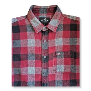 Hollister Men's Shirt Red Gray Check Flannel Button Up Long Sleeves Size…